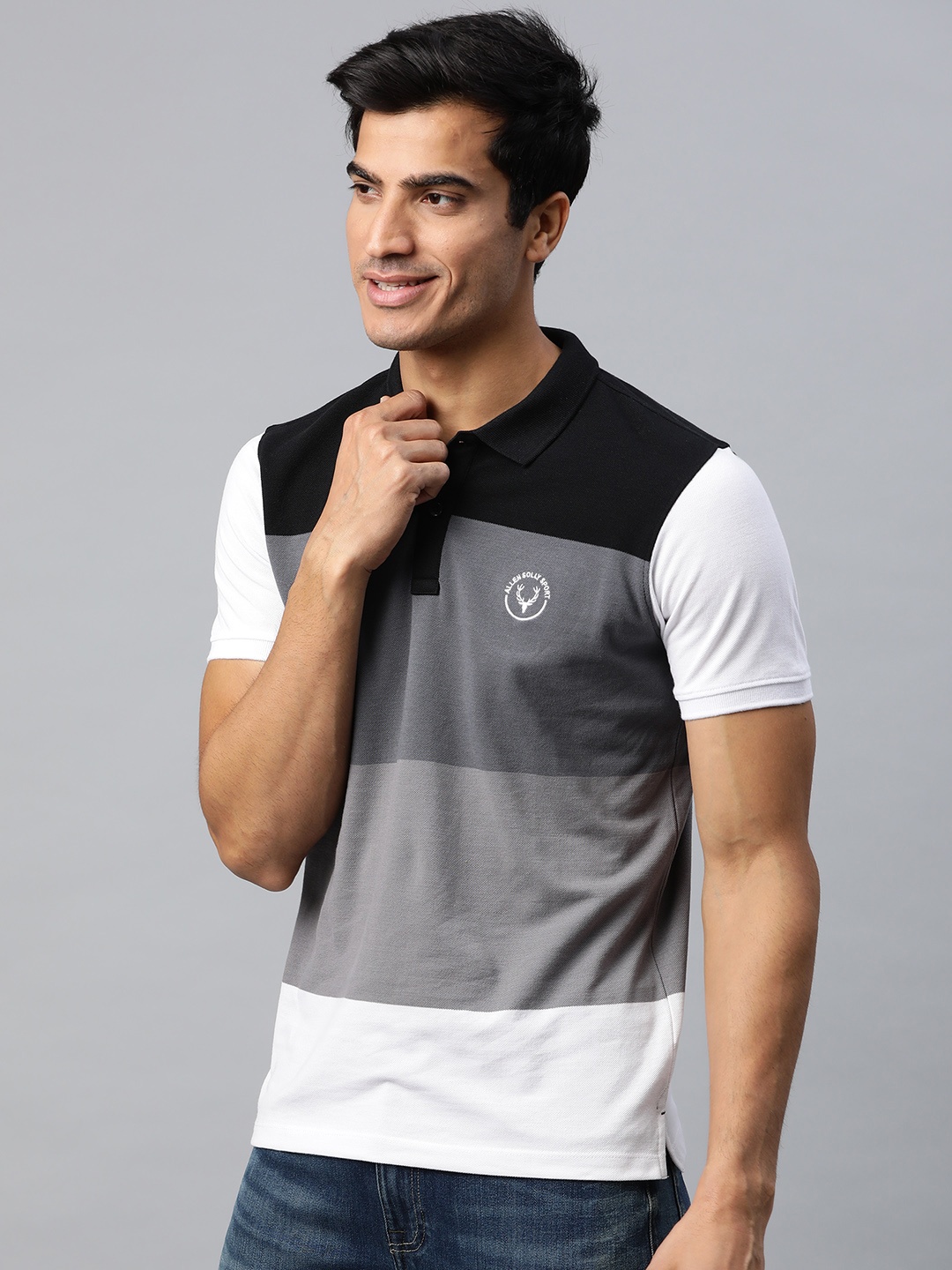

Allen Solly Sport Men Grey & Black Colourblocked Polo Collar T-shirt