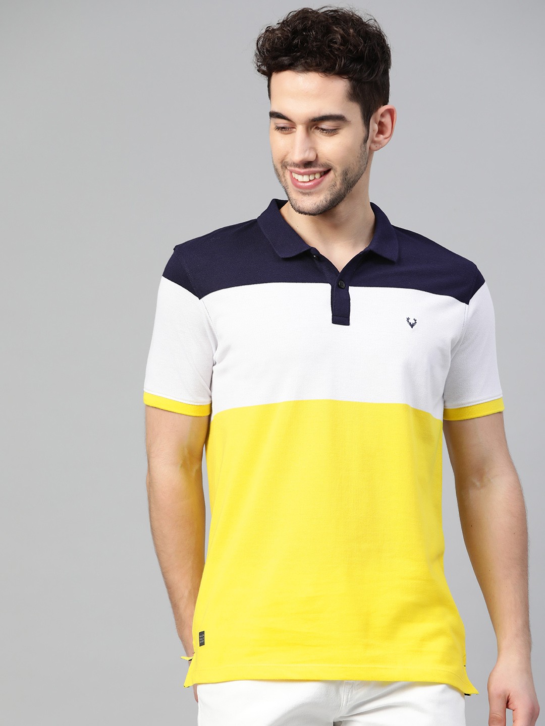

Allen Solly Sport Men Yellow & Navy Blue Colourblocked Polo Collar T-shirt