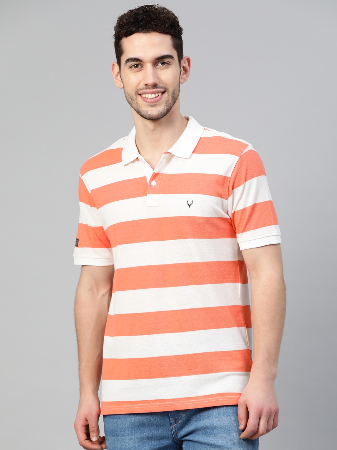 

Allen Solly Sport Men Peach-Coloured & White Striped Polo Collar T-shirt