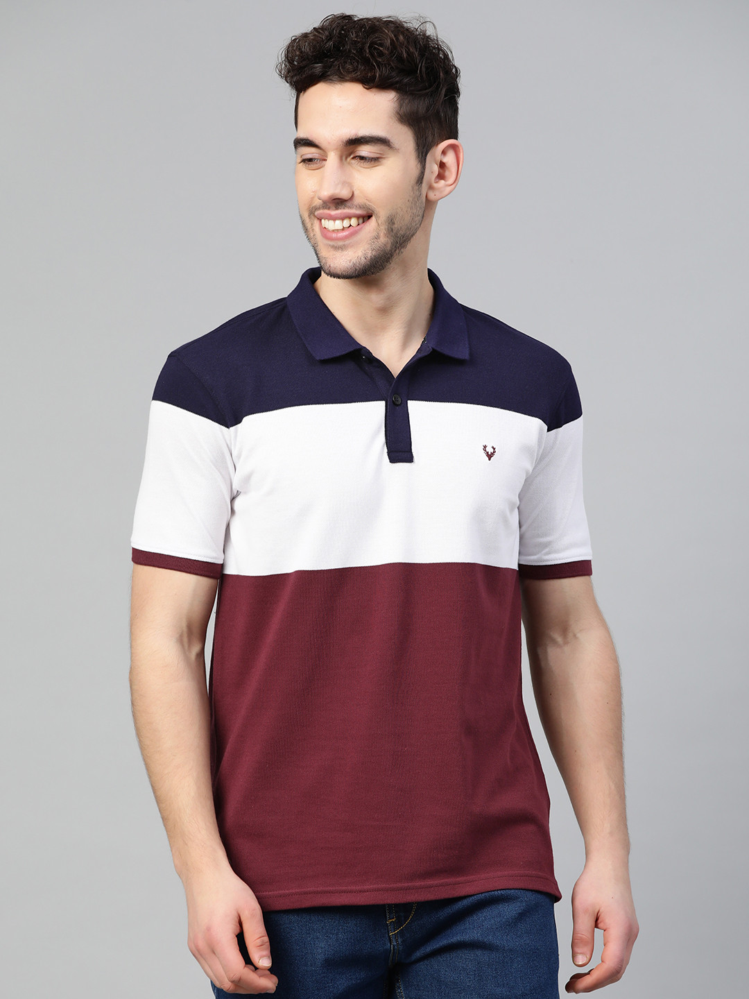

Allen Solly Sport Men Burgundy & Navy Blue Colourblocked Polo Collar T-shirt