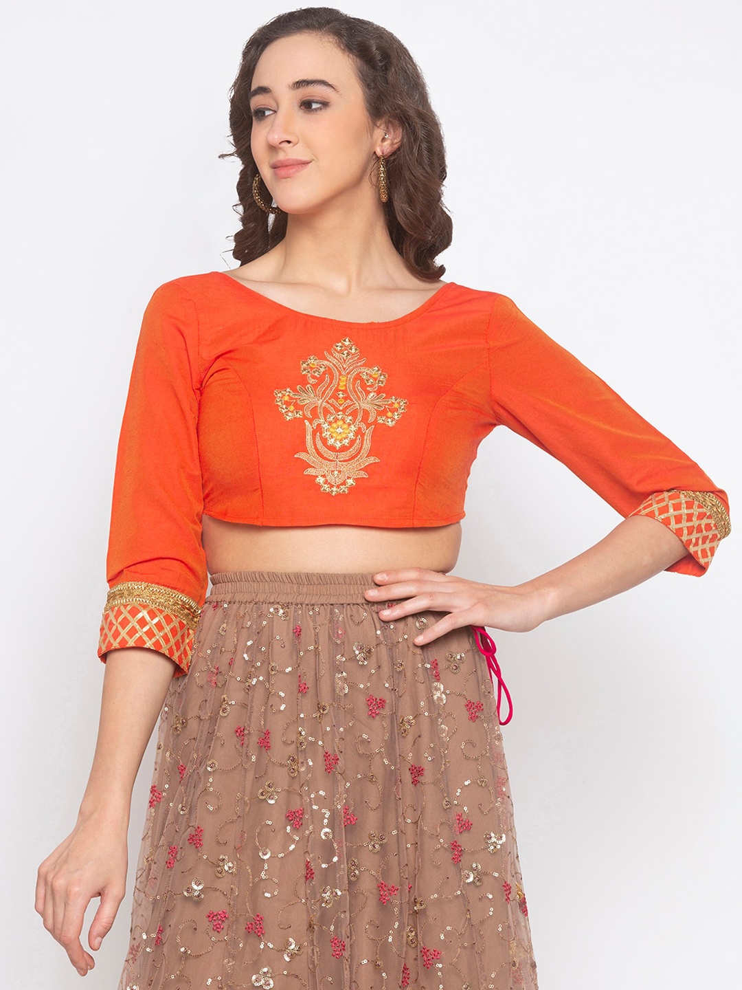 

Globus Women Orange Embroidered Fitted Crop Top