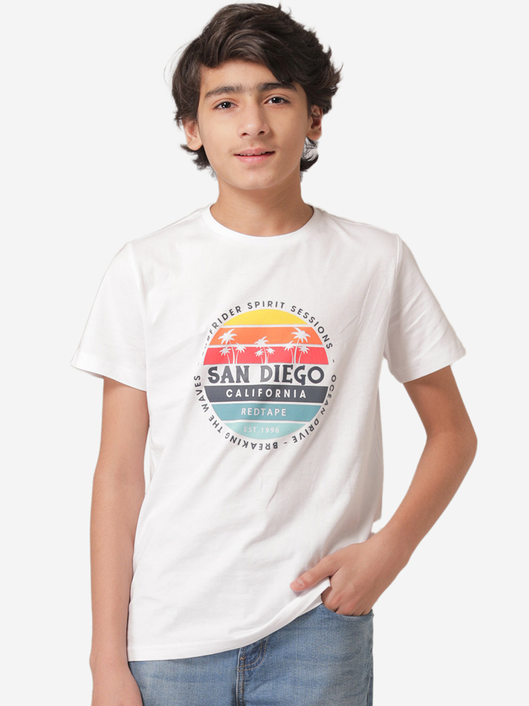 

Red Tape Boys White Printed Round Neck T-shirt