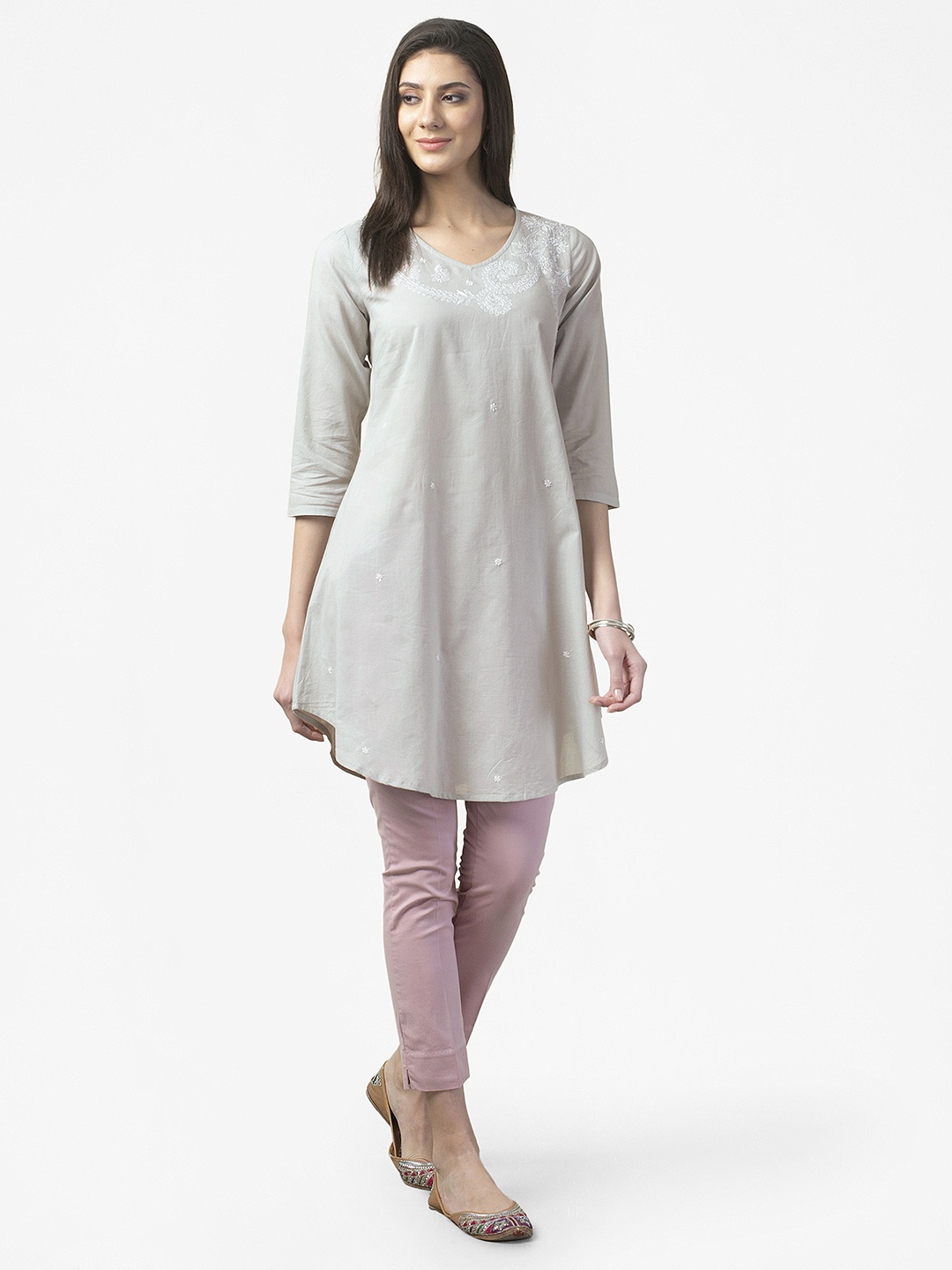 

Fabindia Women Grey Chikankari Embroidered Pure Cotton Tunic