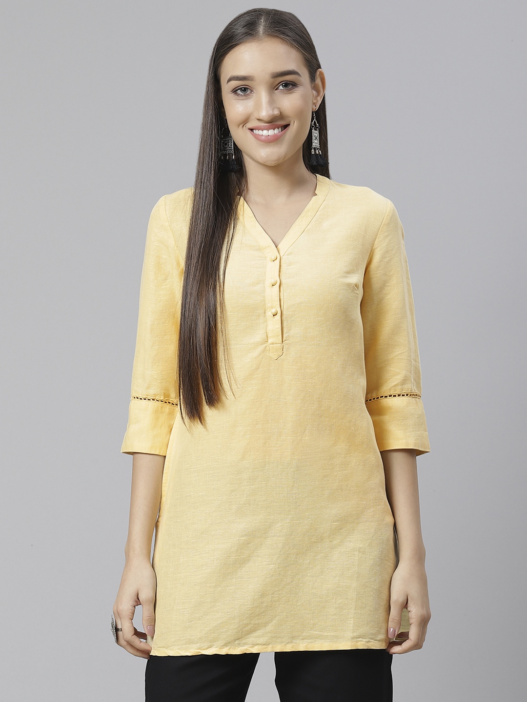 

Fabindia Women Yellow Solid Linen Straight Kurti