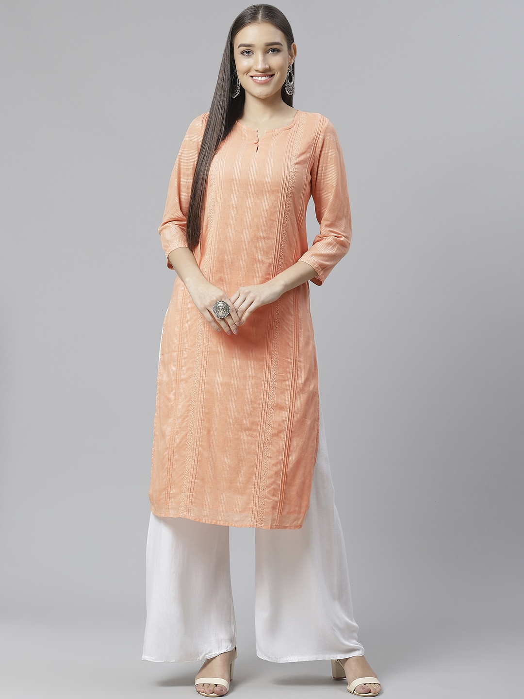 

Fabindia Women Peach-Coloured Striped Pure Cotton Straight Kurta