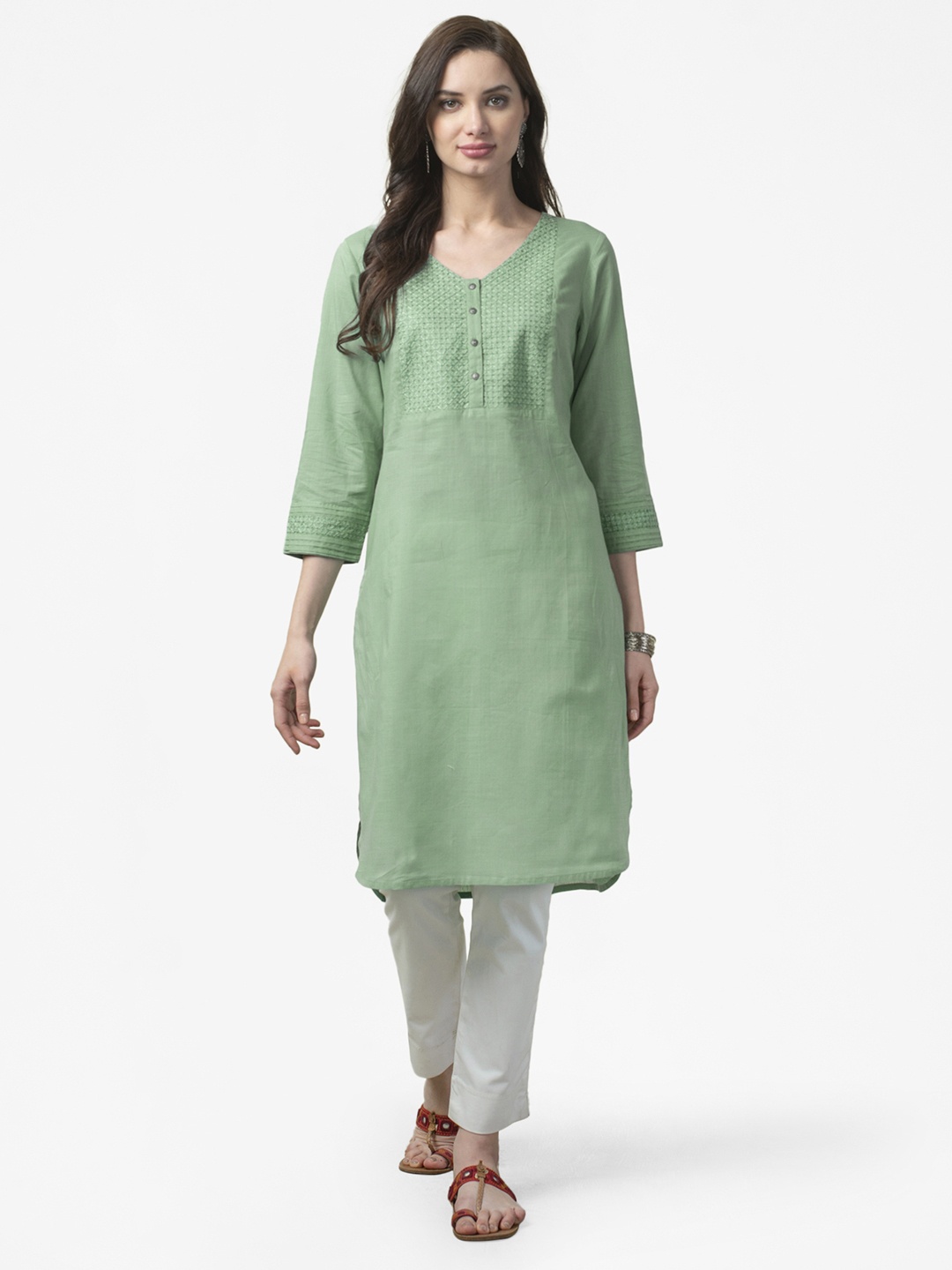 

Fabindia Women Green Embroidered Yoke Design Pure Cotton Straight Kurta