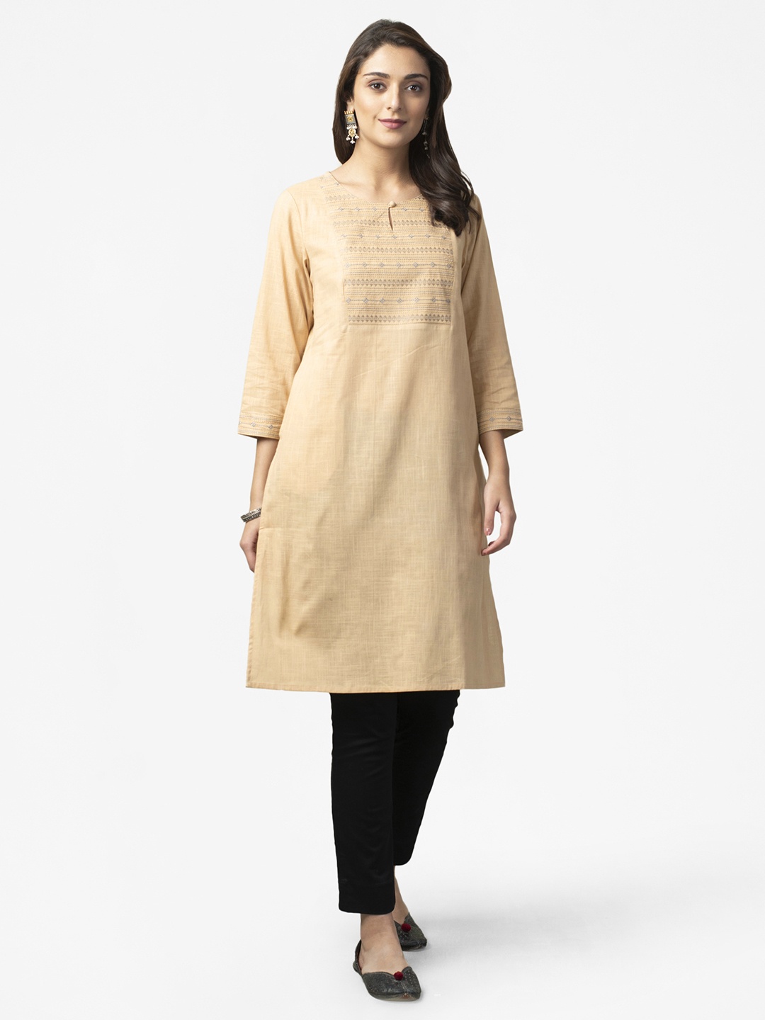 

Fabindia Women Beige Embroidered Yoke Design Pure Cotton Straight Kurta
