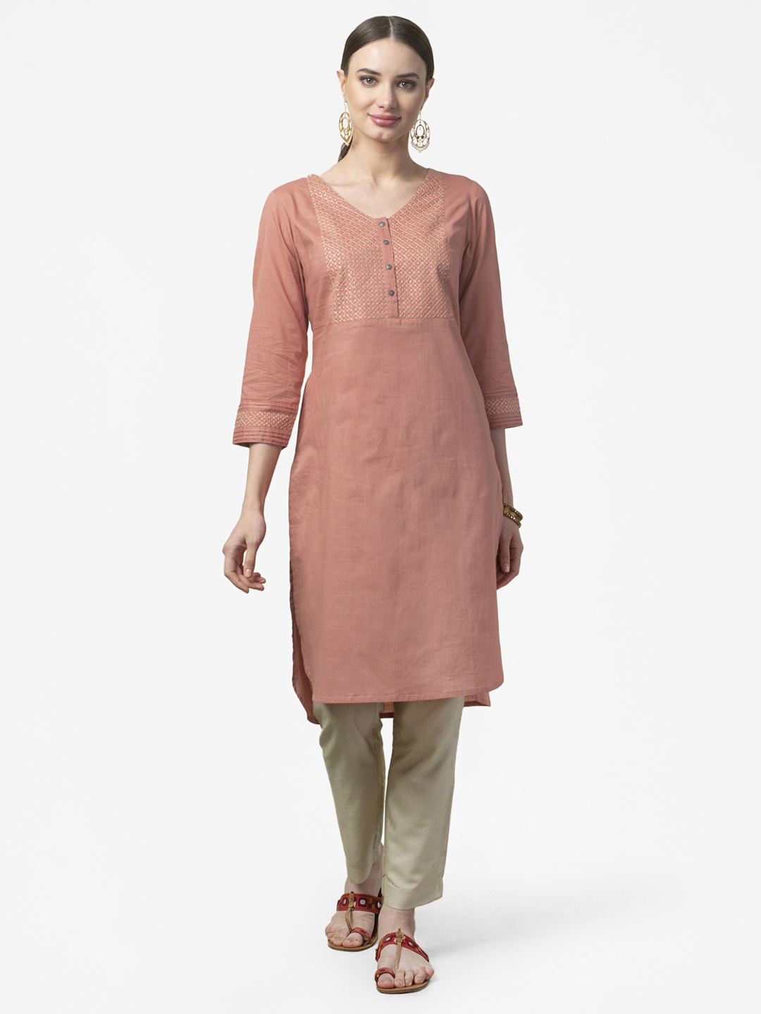 

Fabindia Women Pink Yoke Design Pure Cotton Straight Kurta