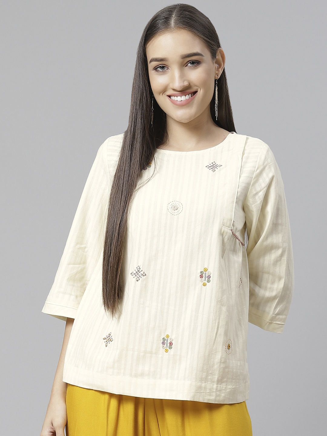 

Fabindia Women Off-White Striped Pure Cotton Top with Embroidered Detail