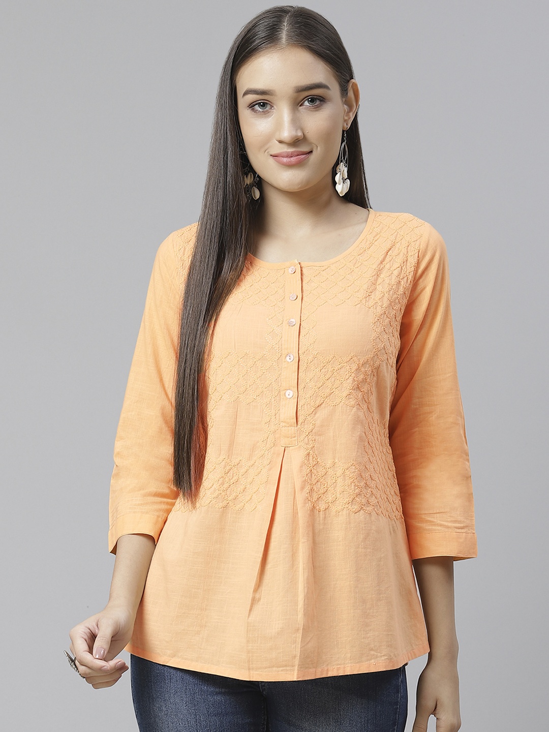 

Fabindia Women Orange Chikankari Embroidered Pure Cotton Pleated Kurti