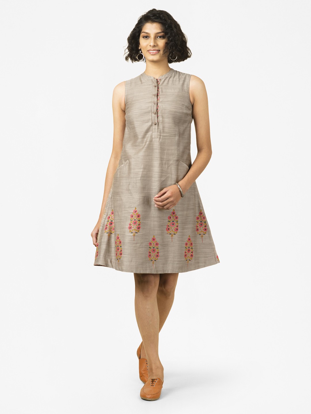 

Fabindia Women Beige Self-Striped A-Line Dress With Hand Block Printed Detail