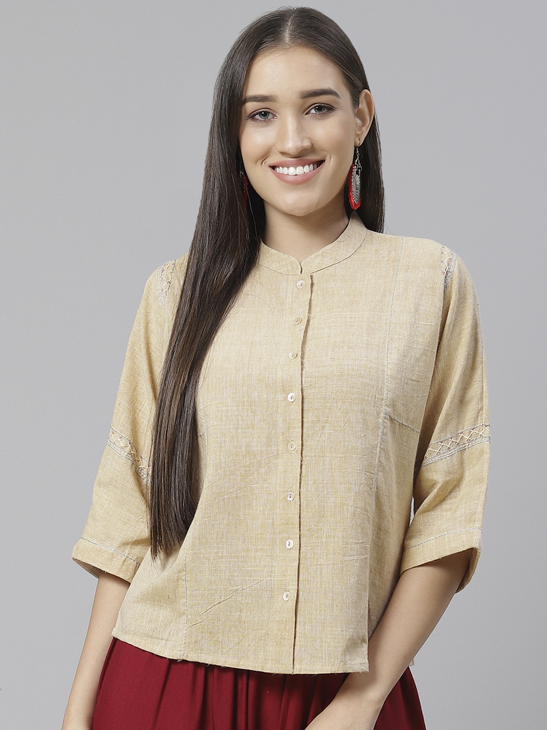 

Fabindia Women Beige Solid Pure Cotton Shirt with Embroidered Detail