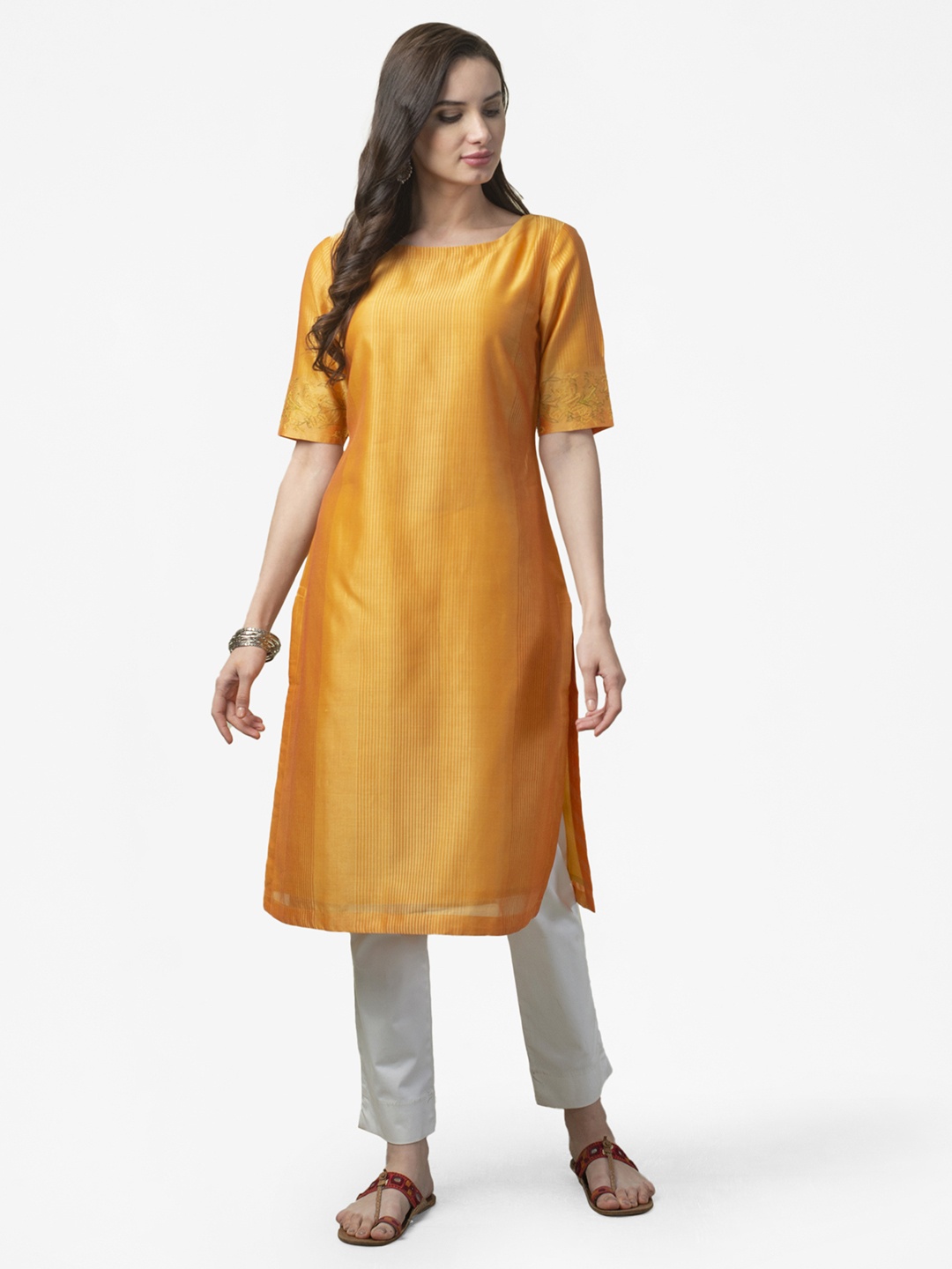 

Fabindia Women Mustard Yellow Slim Fit Hand Block Striped Straight Kurta