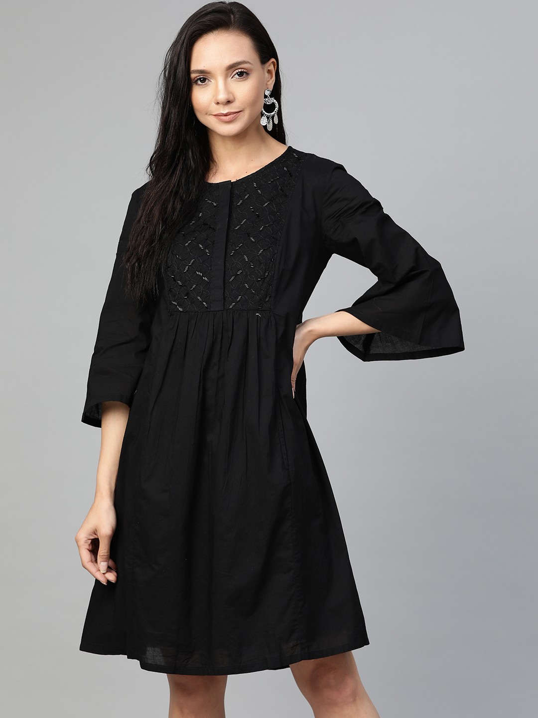 

Fabindia Women Black Solid Pure Cotton A-Line Dress with Sequined Detail