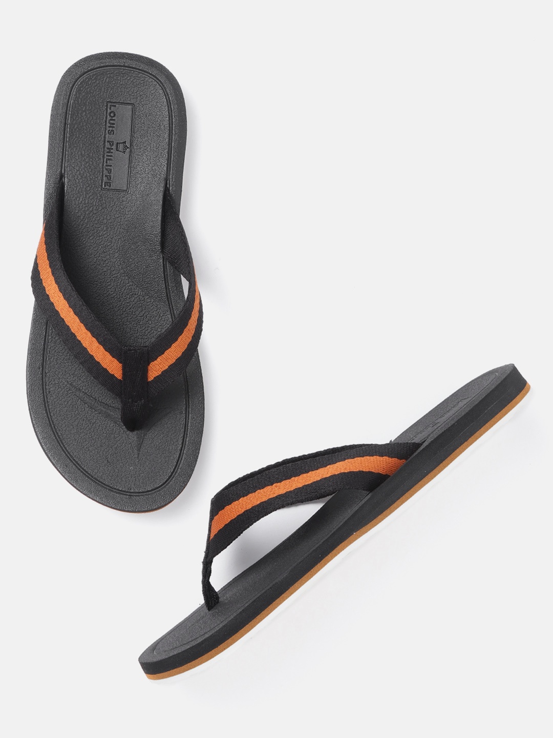 

Louis Philippe Men Black & Rust Orange Self-Striped Thong Flip-Flops