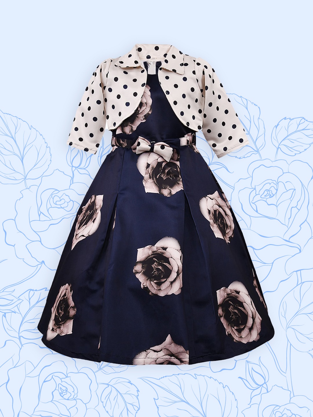 

Wish Karo Girls Navy Blue Printed Fit and Flare Dress With Ethnic Shrug