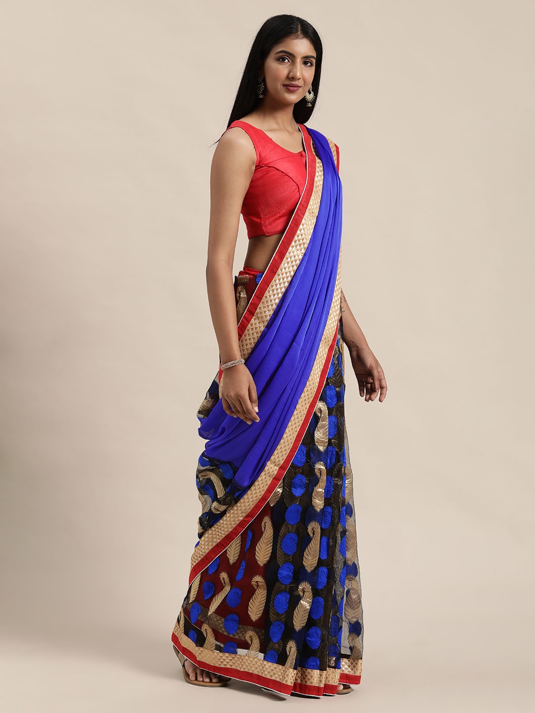 

Silk Bazar Blue & Gold-Toned Brocade Woven Design Saree