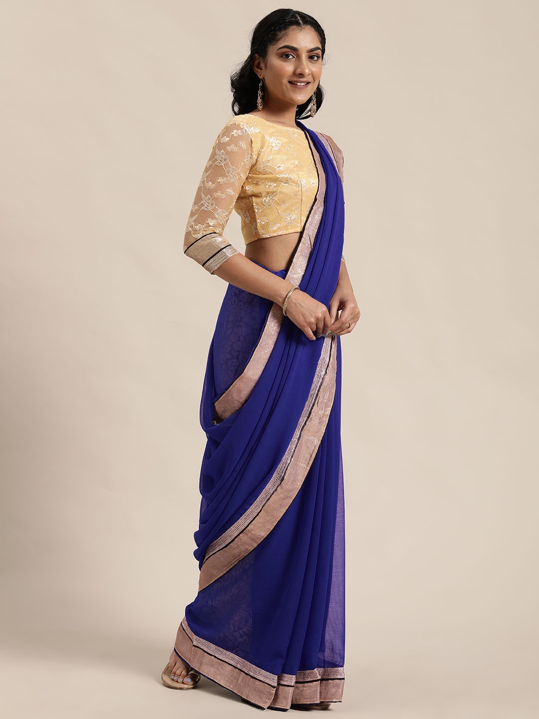 

Silk Bazar Navy Blue & Gold-Toned Solid Saree