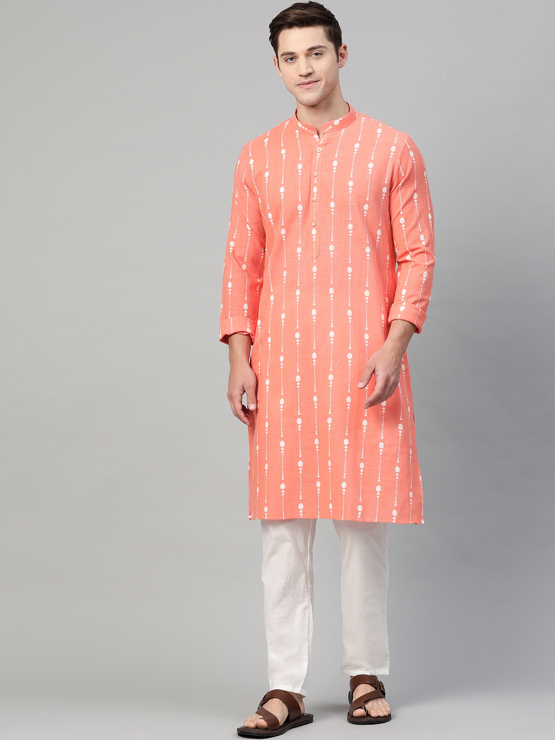 

See Designs Men Peach-Coloured & White Printed Pure Cotton Straight Kurta