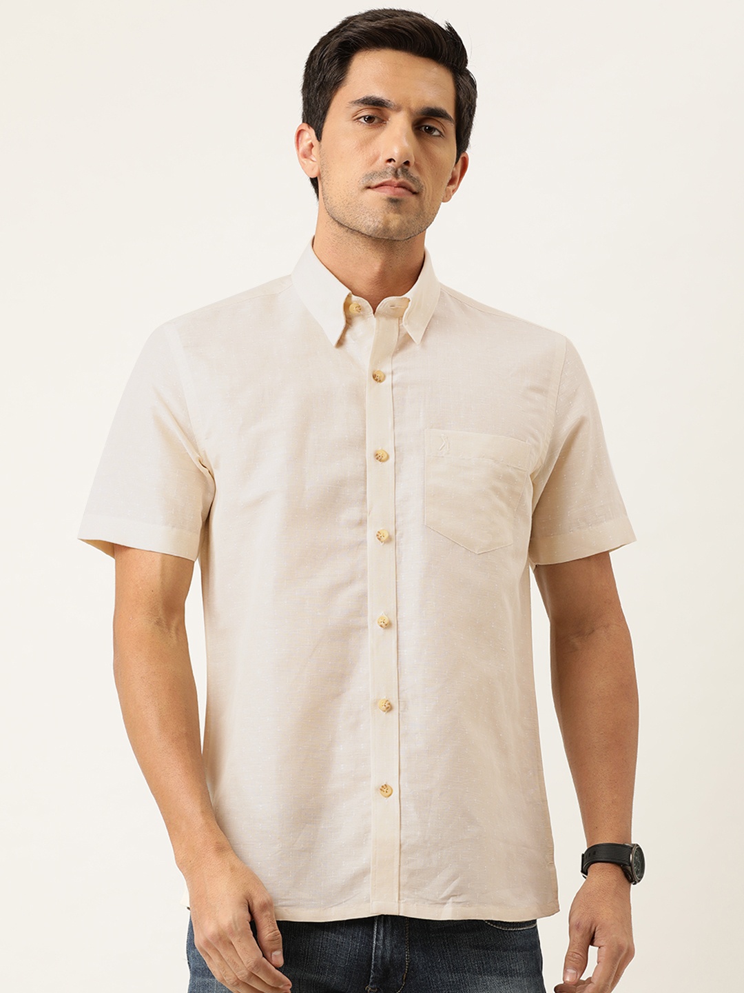 

Burnt Umber Men Cream-Coloured Slim Fit Self Design Casual Shirt
