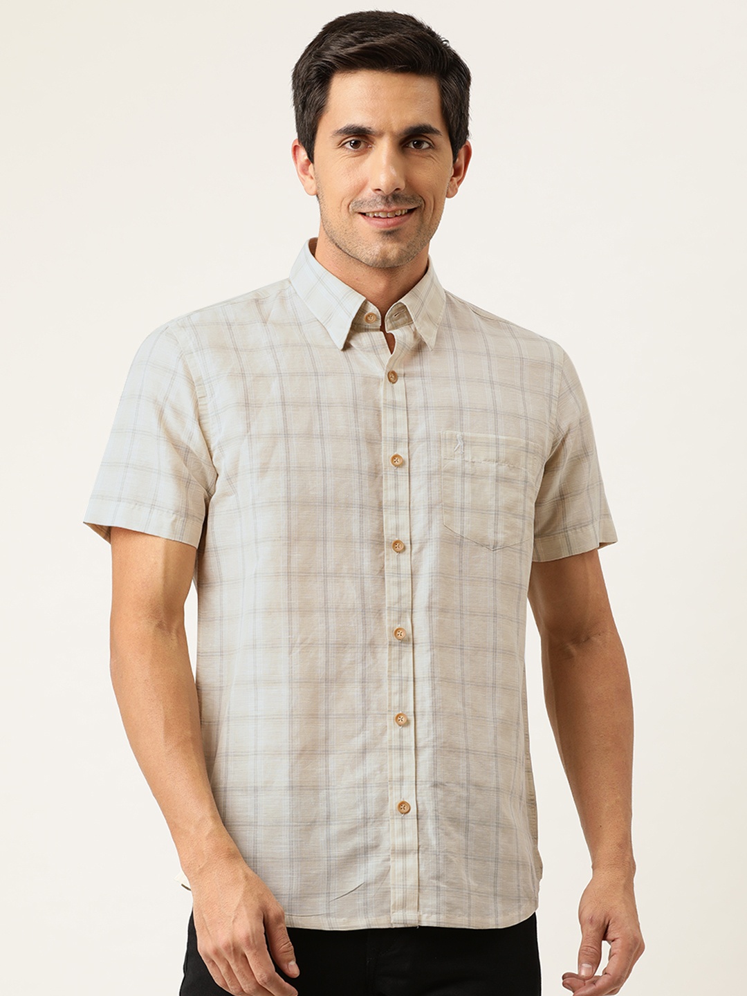 

Burnt Umber Men Beige Regular Fit Checked Casual Shirt