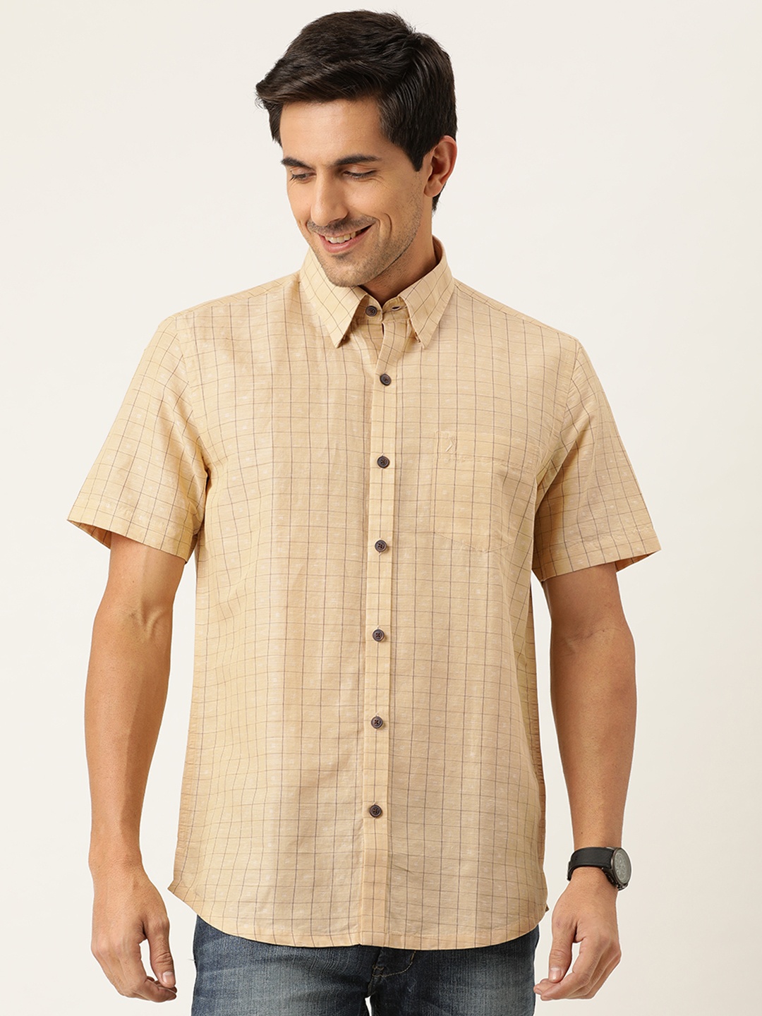 

Burnt Umber Men Beige & Brown Slim Fit Checked Casual Shirt