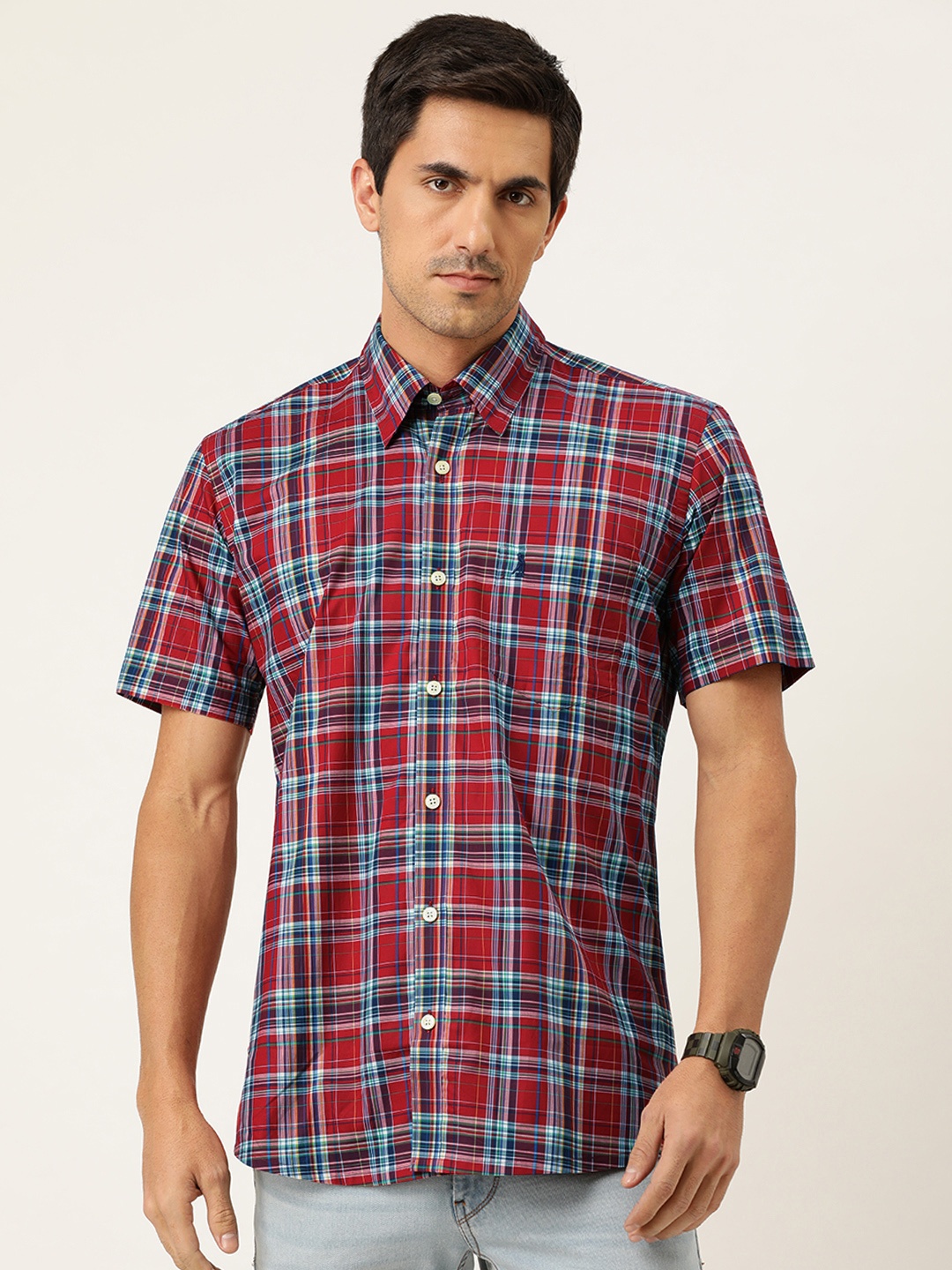

Burnt Umber Men Red & Blue Slim Fit Checked Casual Shirt