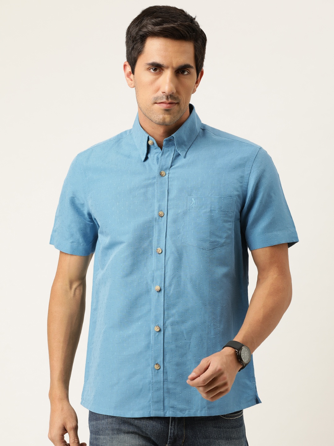 

Burnt Umber Men Blue Slim Fit Silky Linen Self Design Casual Shirt