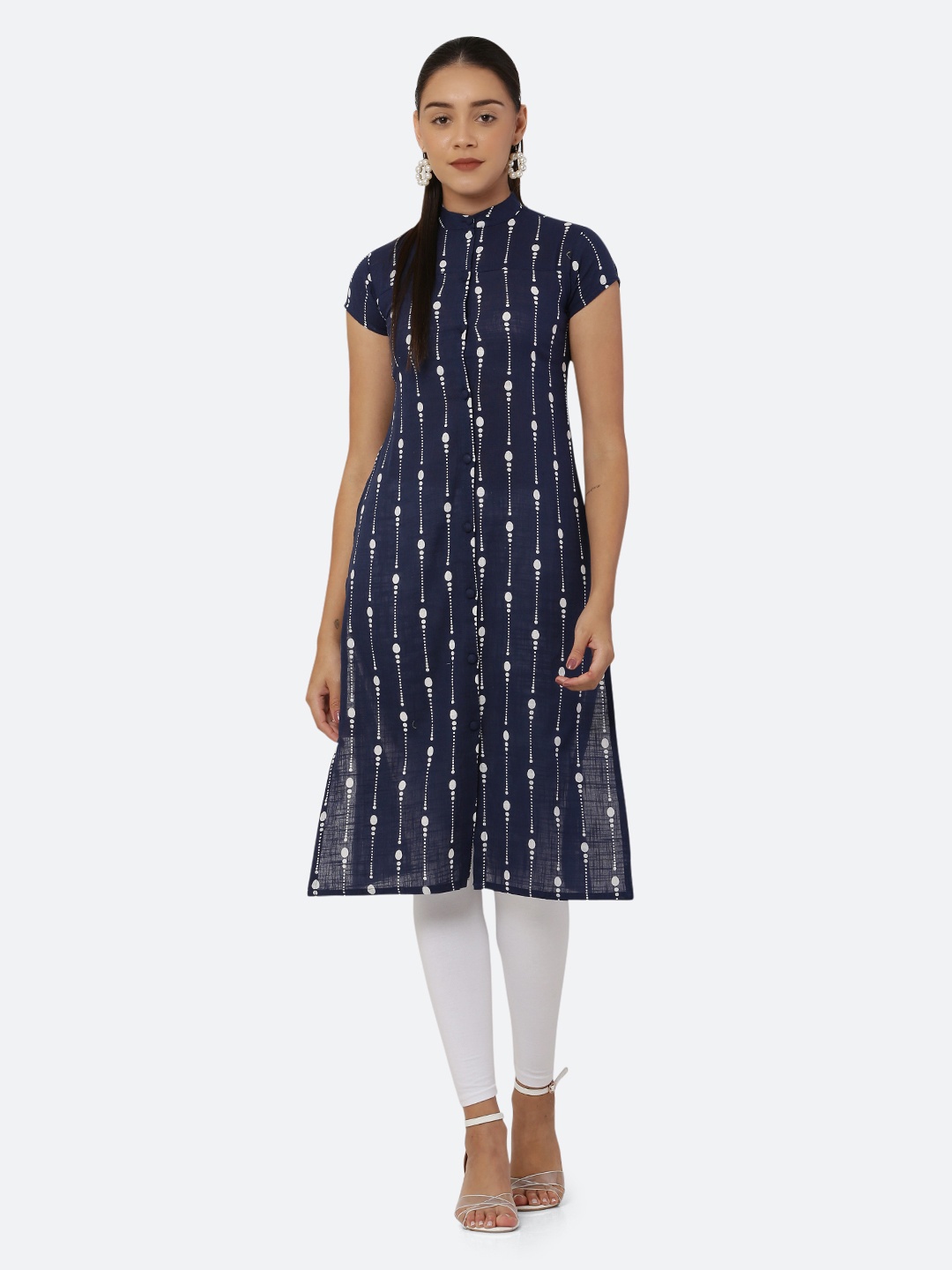 

See Designs Women Navy Blue & White Pure Cotton Khari Print Straight Kurta