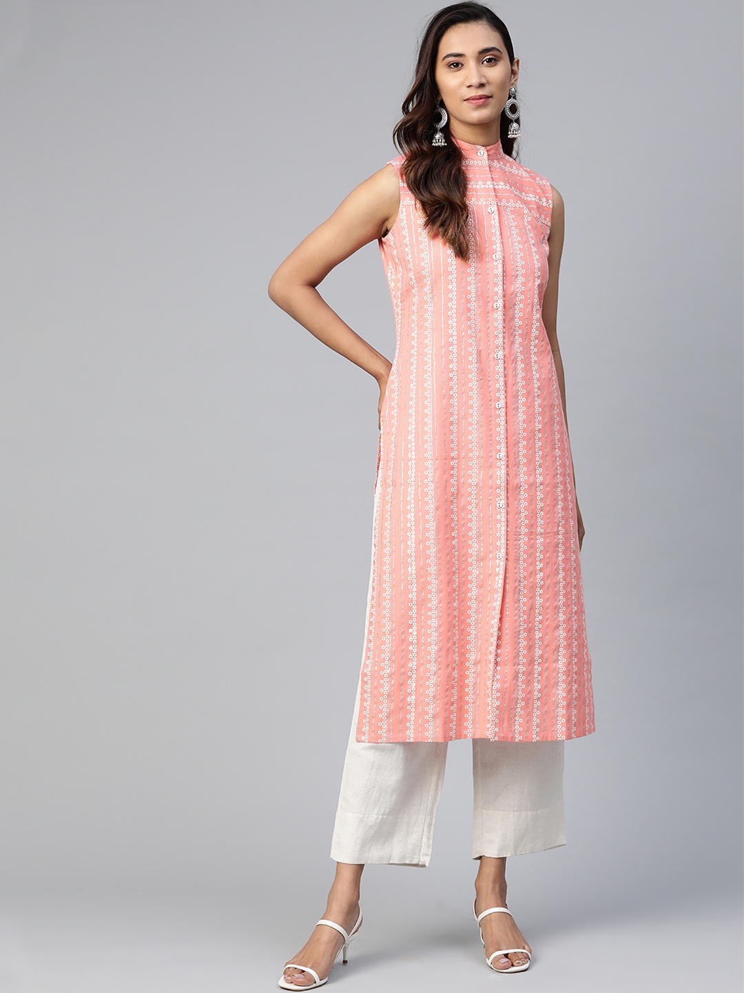 

See Designs Women Peach-Coloured & White Pure Cotton Khari Print Straight Kurta