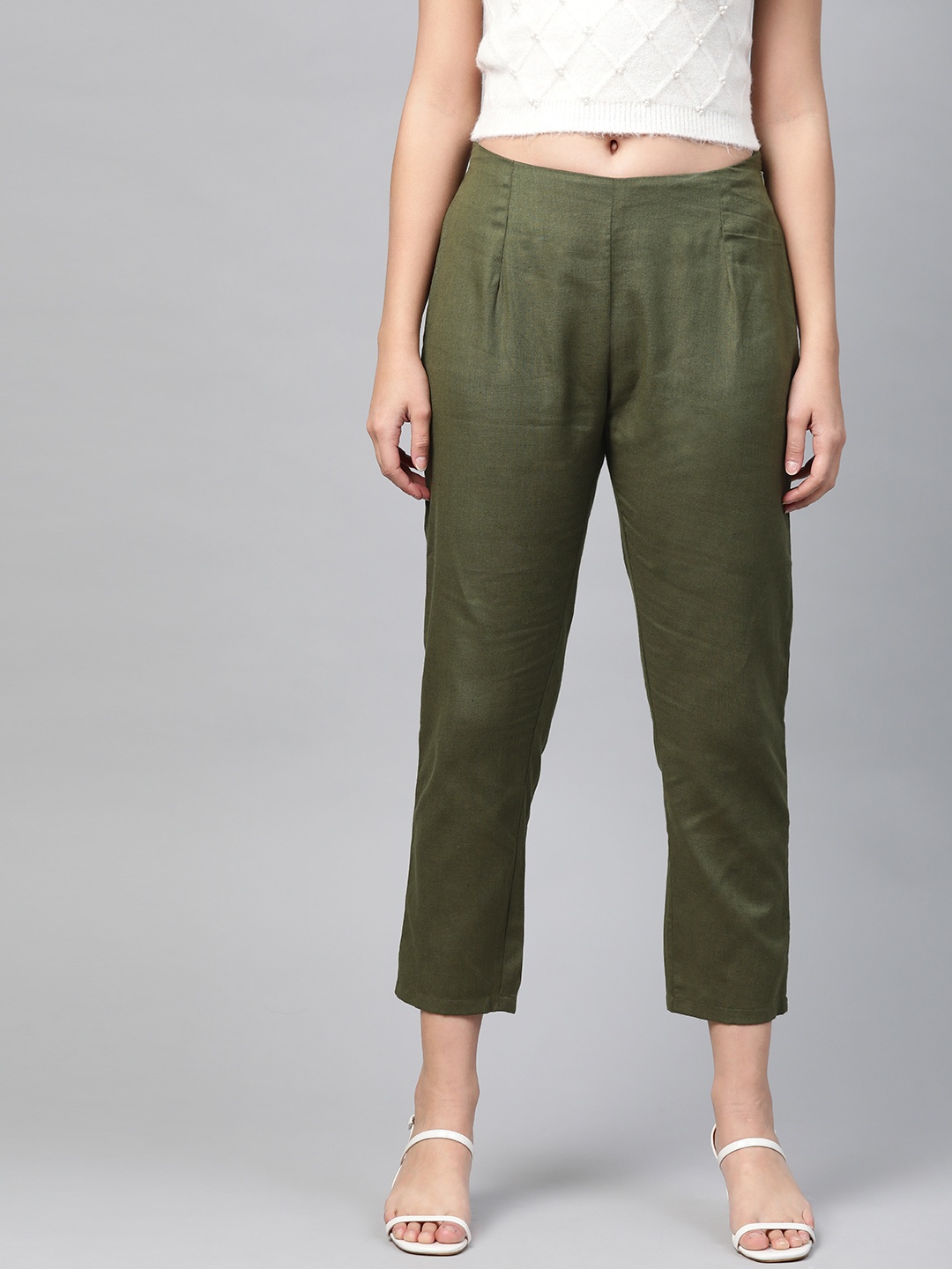 

PINKSKY Women Olive Green Smart Slim Fit Solid Cropped Cigarette Trousers