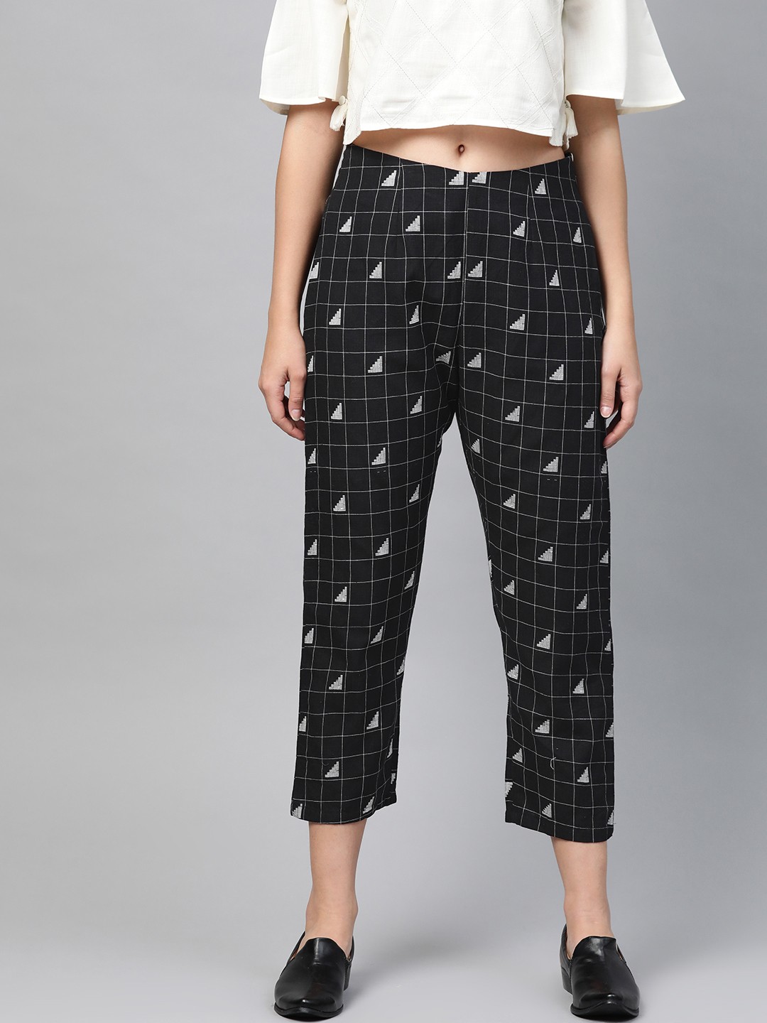 PINKSKY Women Black & White Smart Slim Fit Checked Cropped Cigarette Trousers
