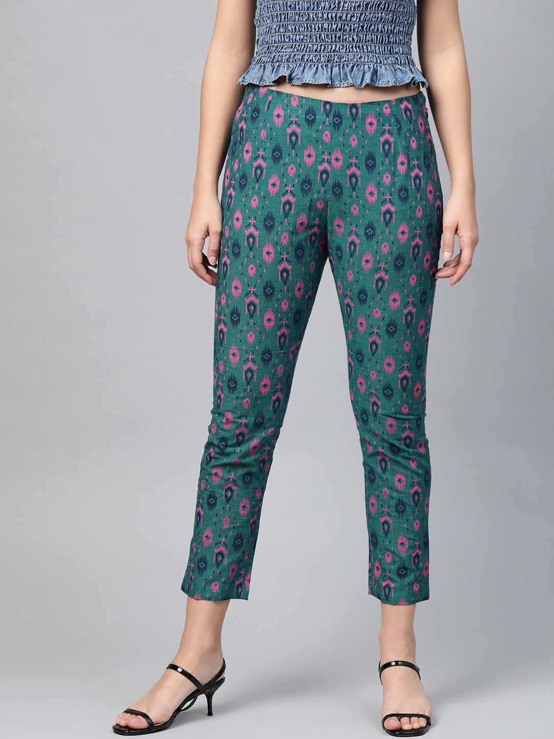 

PINKSKY Women Teal Blue & Pink Smart Slim Sustainable Handloom Cropped Cigarette Trousers