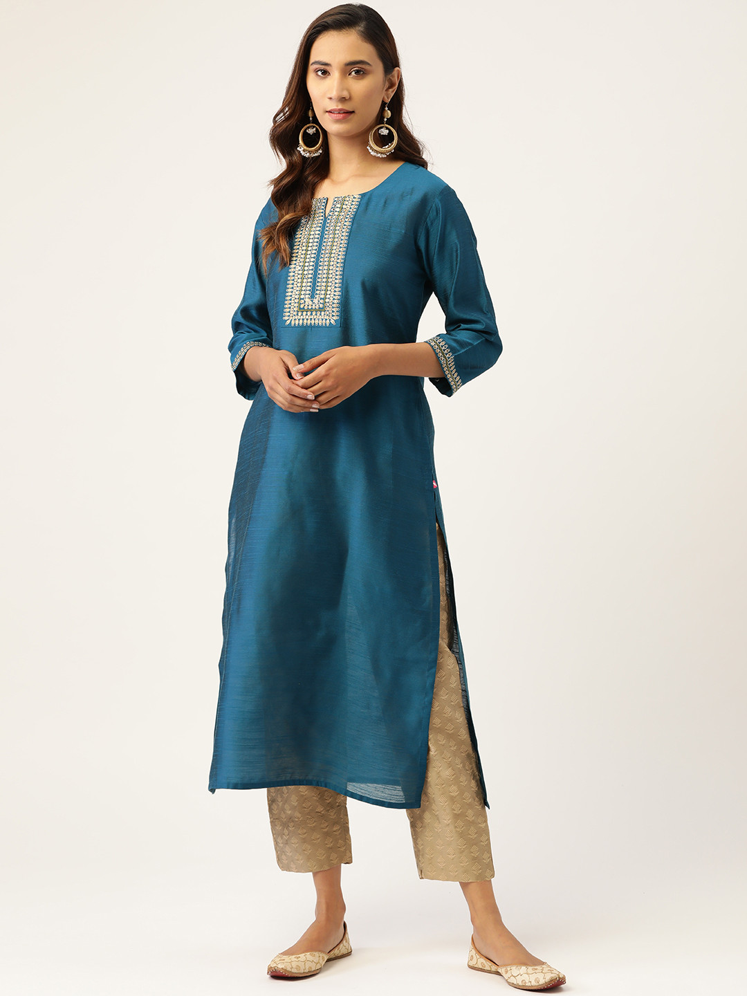 

Varanga Women Teal Blue & Beige Ethnic Motifs Embroidered Kurta with Trousers