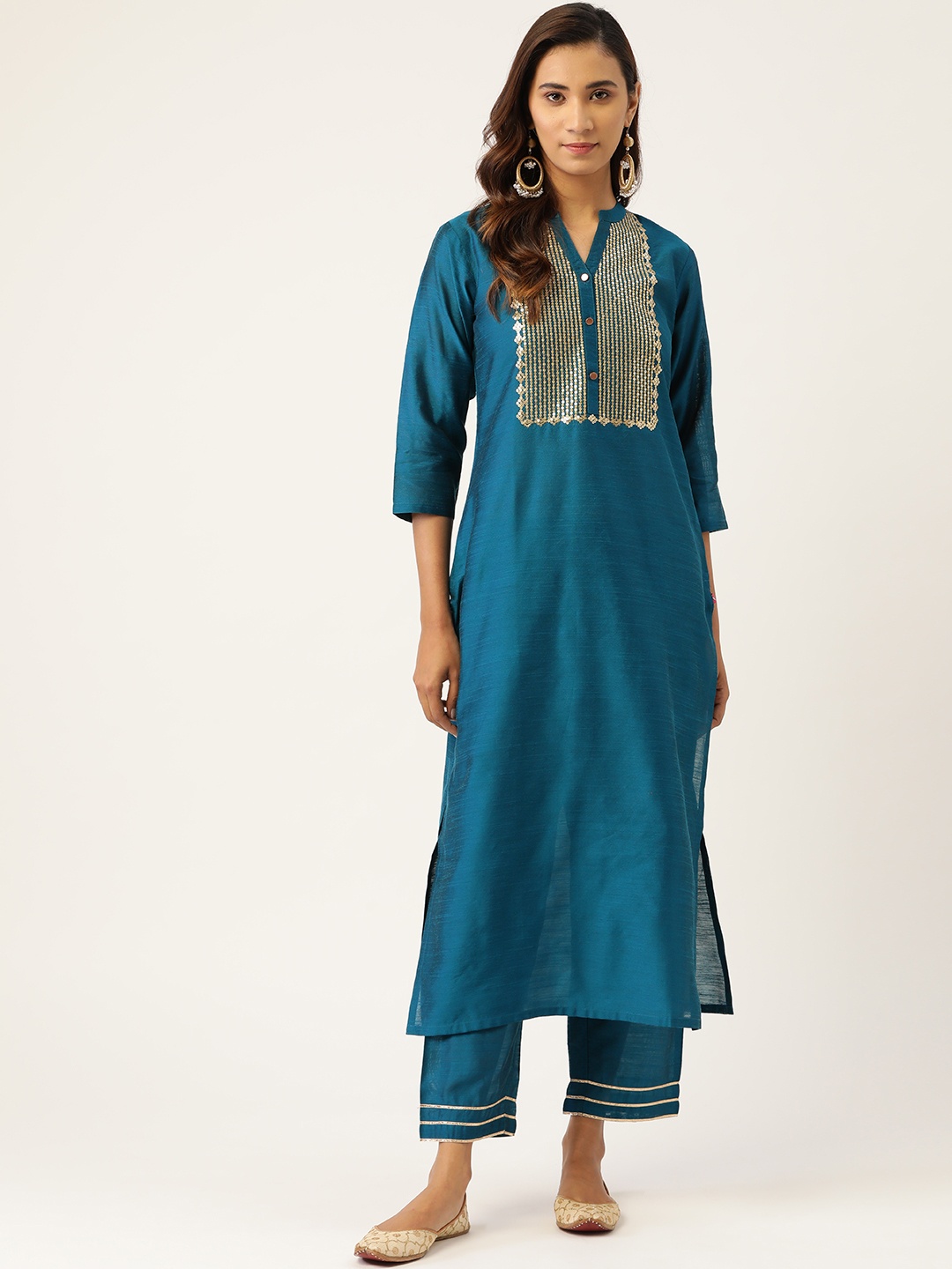 

Varanga Women Teal Blue & Golden Yoke Design Kurta with Trousers