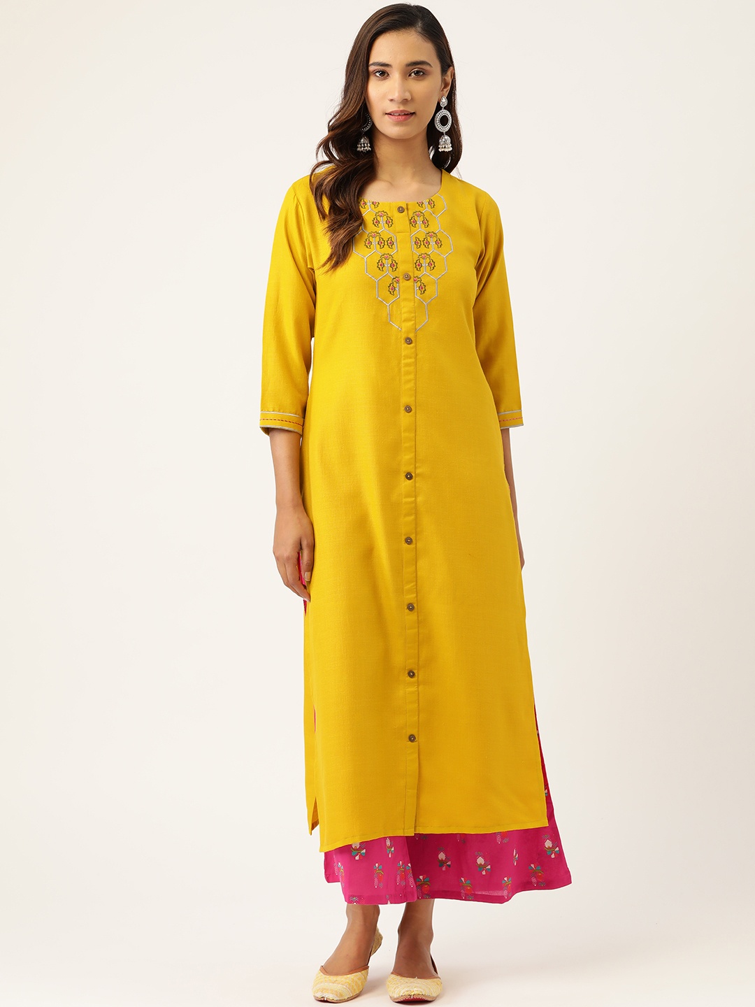 

Varanga Women Mustard Yellow & Pink Embroidered Kurta with Printed Palazzos