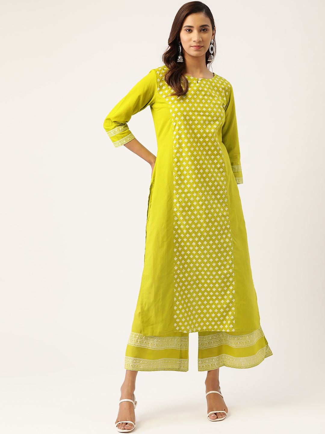 

Varanga Women Lime Green & White Khari Print Kurta with Palazzos