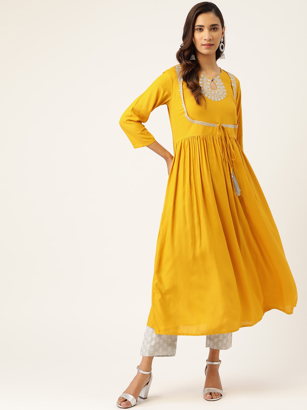

Varanga Women Mustard Yellow & Grey Pure Cotton Embroidered Kurta with Trousers