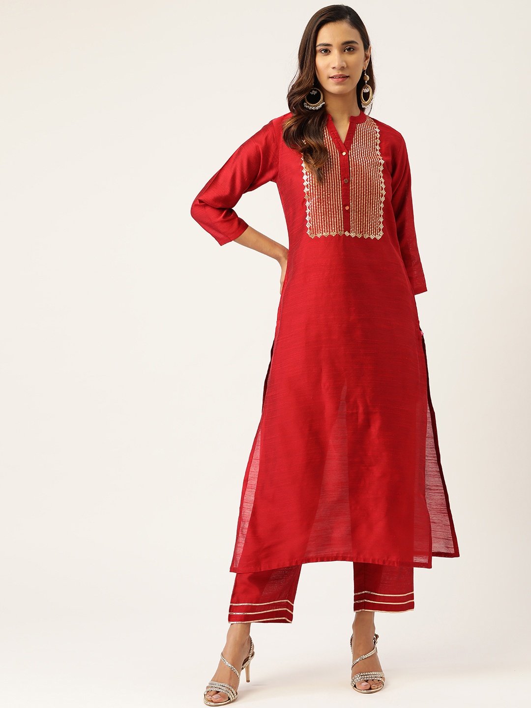 

Varanga Women Red & Golden Sequinned Kurta with Trousers