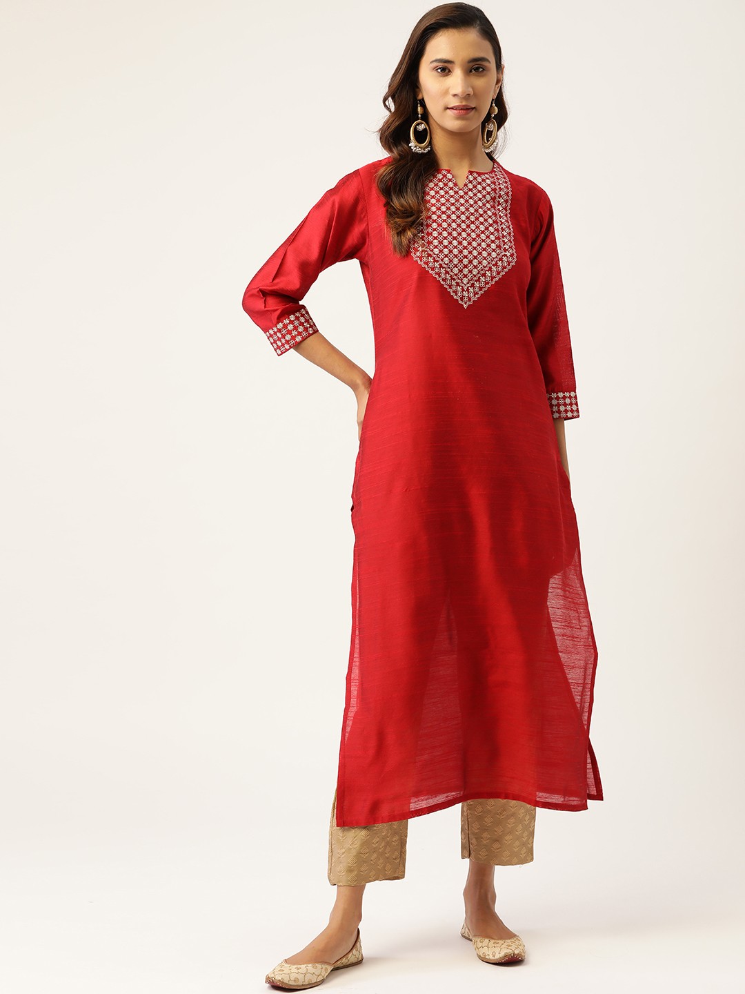 

Varanga Women Red & Beige Ethnic Motifs Embroidered Kurta with Trousers