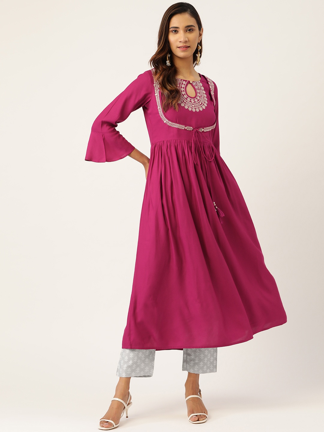 

Varanga Women Fuchsia Pink & Grey Pure Cotton Embroidered Kurta with Trousers
