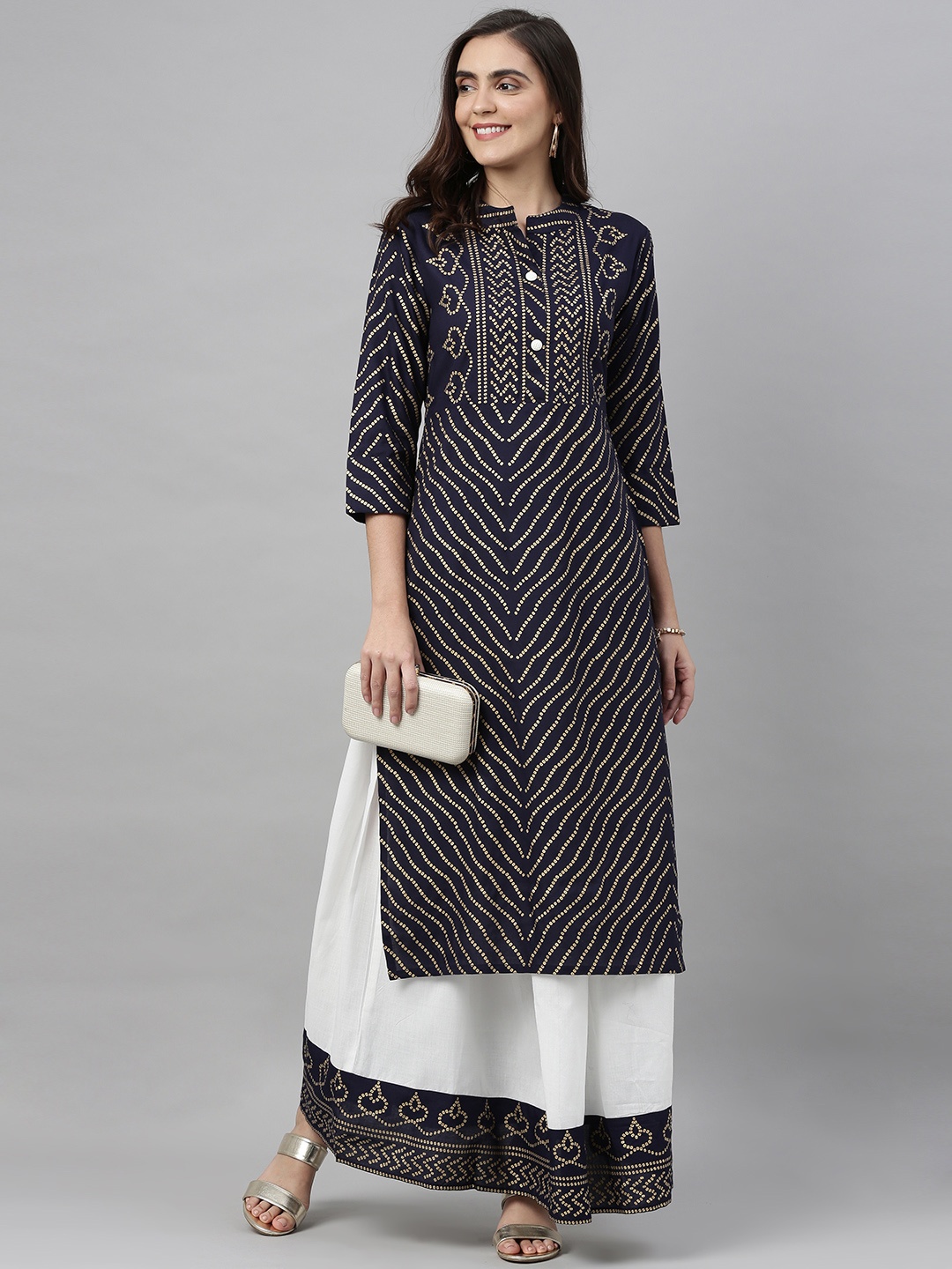 

KALINI Women Navy Blue & White Printed Kurta with Skirt