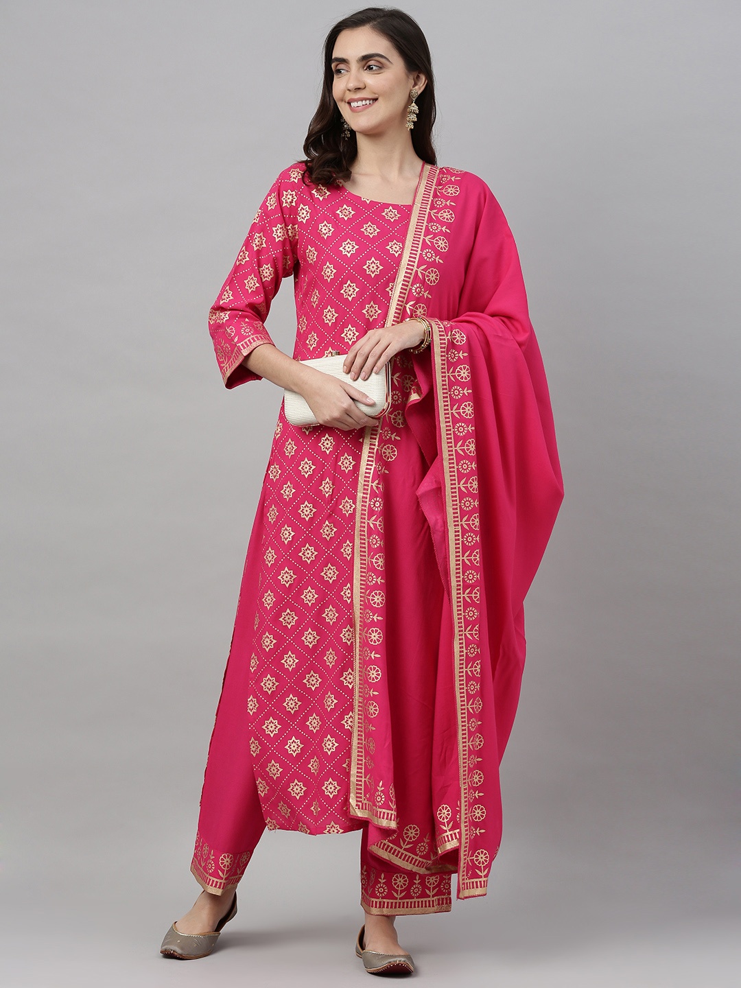 

KALINI Women Pink & Gold-Coloured Printed Kurta with Trousers & Dupatta