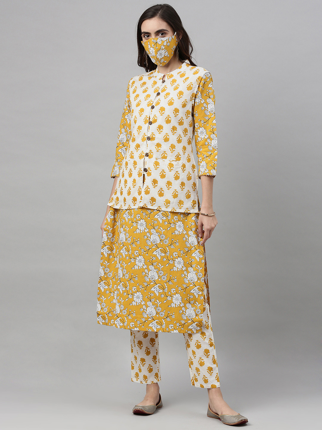 

GoSriKi Women Mustard Yellow White Printed Kurta, Trousers Dupatta