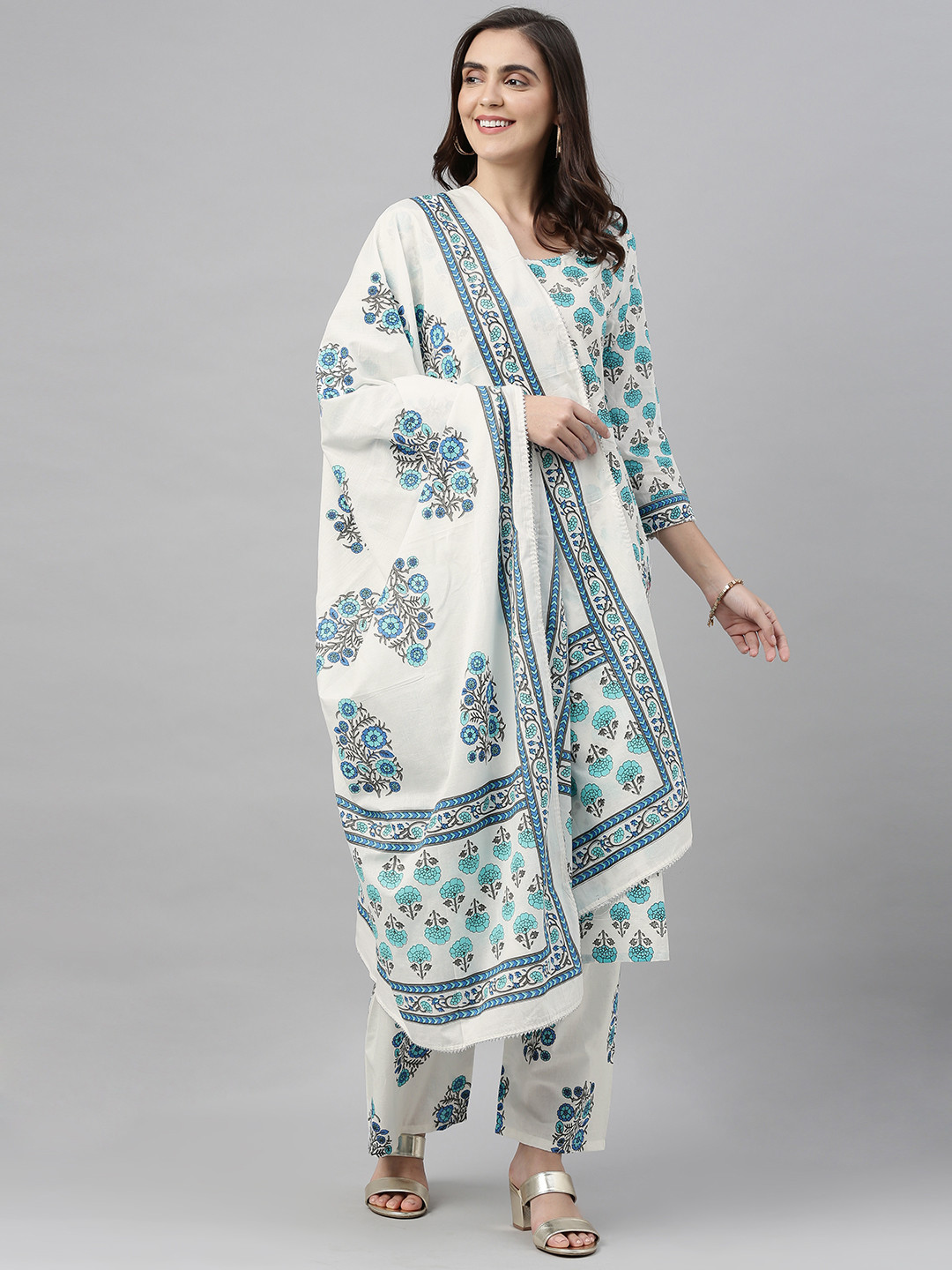 

KALINI Women White & Turquoise Blue Printed Kurta with Palazzos & Dupatta