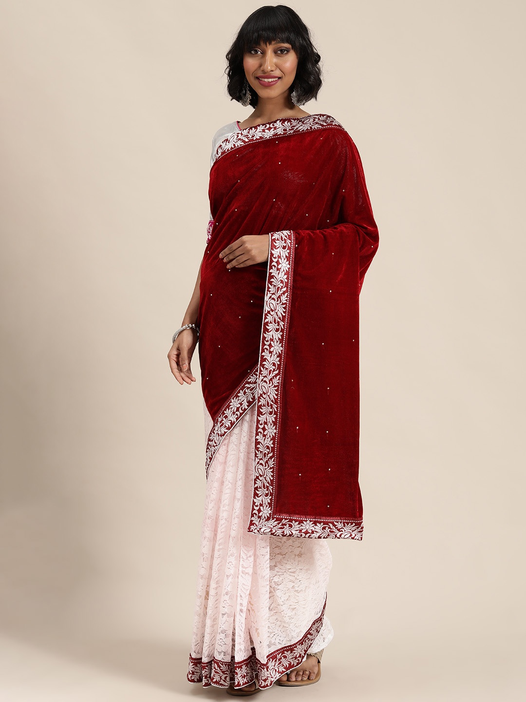 

Florence Maroon & Pink Velvet Embroidered Saree
