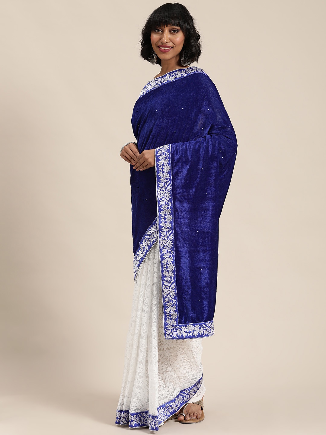 

Florence Blue & White Velvet Embroidered Saree