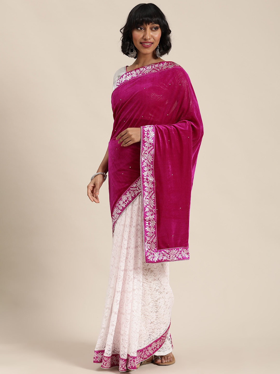 

Florence Pink & White Velvet Embroidered Saree
