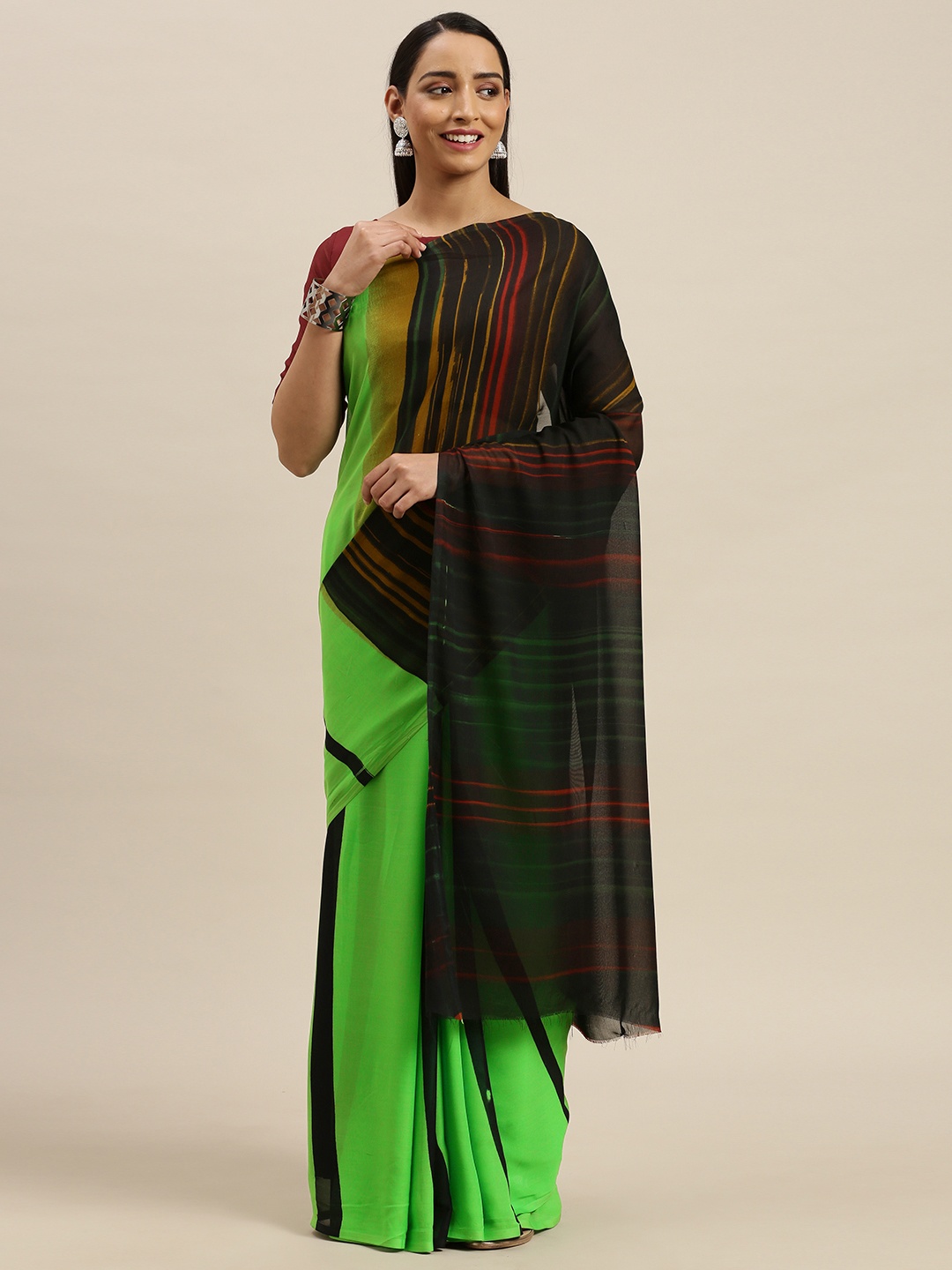 

KALINI Green & Black Striped Saree