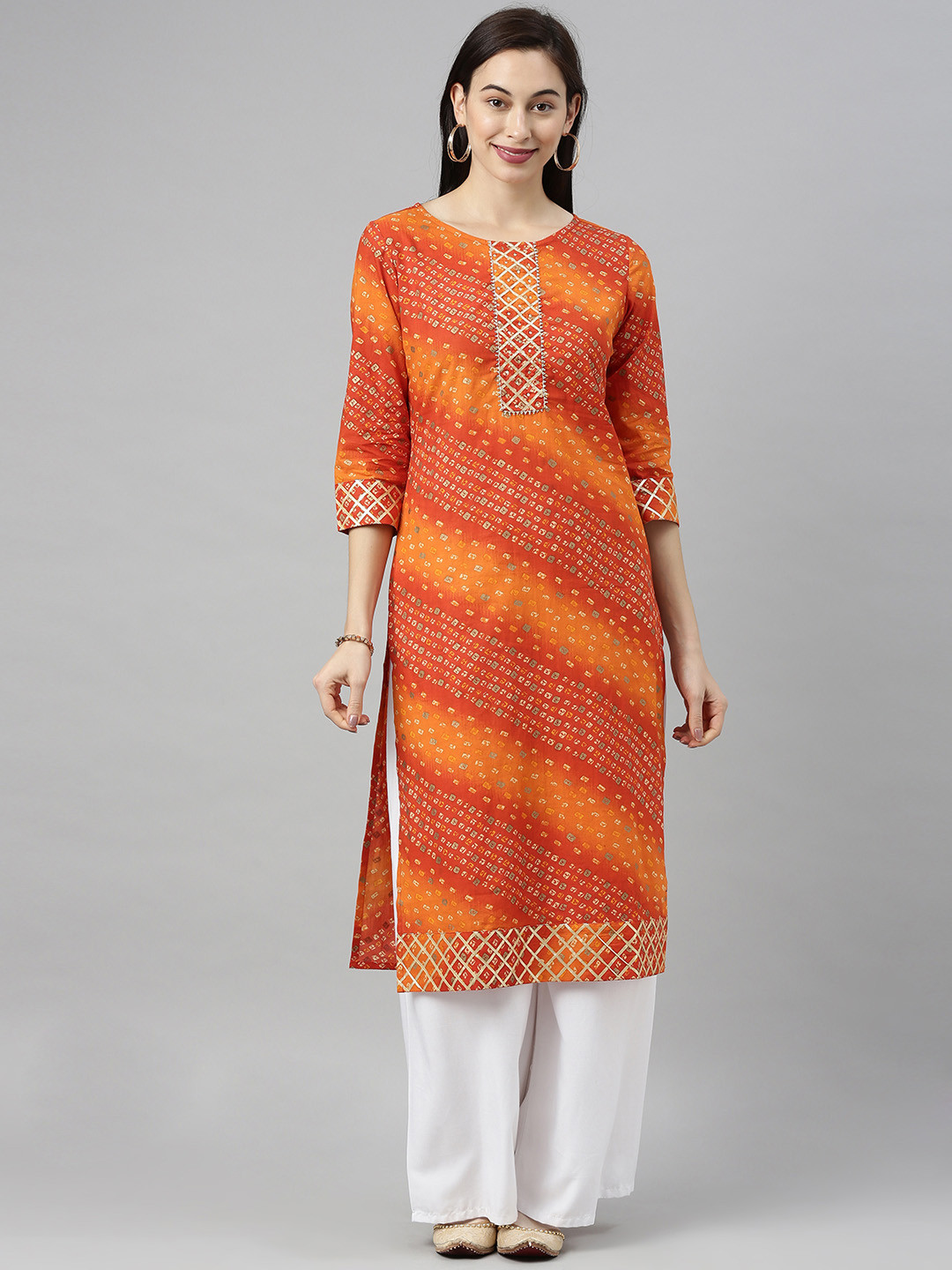 

Blissta Women's Orange Cotton Gota Patti & Sequence Work Straight Kurta